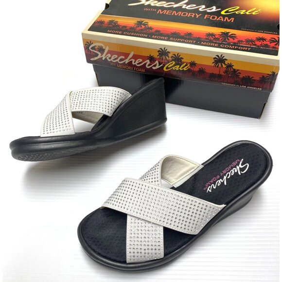 size 7 womens Skechers studded "metal mama" slip on wedge heel sandals shoes str - Picture 1 of 8